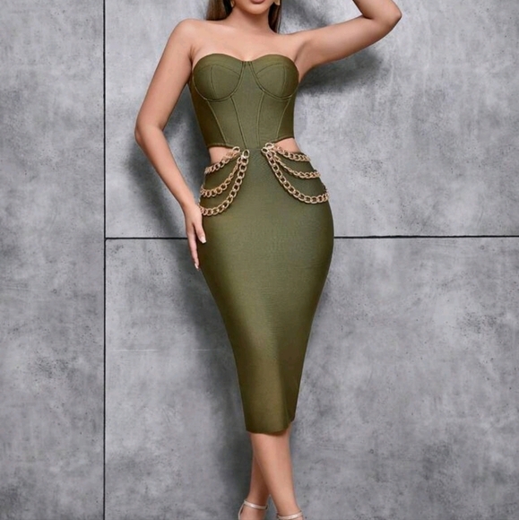 Bodycon Dress,Sleeveless Wrap Chest Open Waist Slim Fit Party Evening Gown - Picture 4 of 5